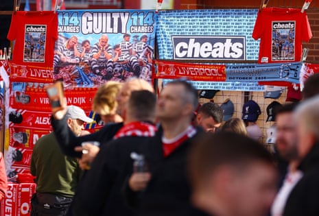 Manchester City cheats merchandise is sold outside Anfield ahead of kick-off.