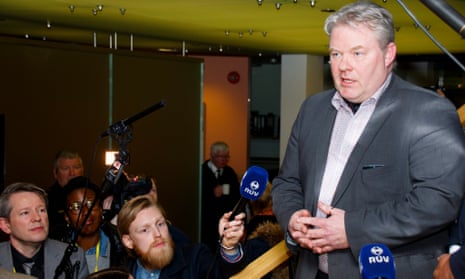 Sigurður Ingi Jóhannsson speaks to reporters at Iceland’s parliament in Reykjavik.