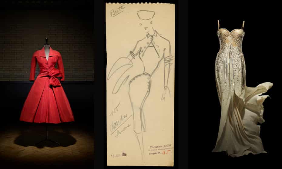 Écarlate afternoon dress, autumn-winter 1955 by Christian Dior; a sketch by Dior, autumn-winter 1950; and Christian Dior by John Galliano, 2008.