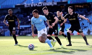 Manchester City 2-1 West Ham: Premier League – as it happened | Football 5 Manchester City’s Gabriel Jesus keeps possession.