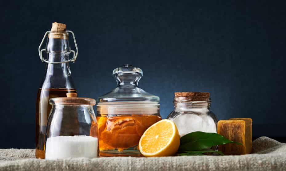 Natural cleaning tools: soap, vinegar, salt, lemon and sodium bicarbonate
