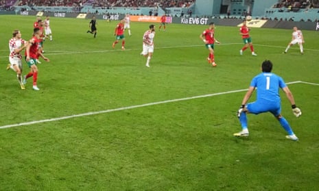Croatia’s Mislav Orsic scores their second goal past Morocco’s Yassine Bono.