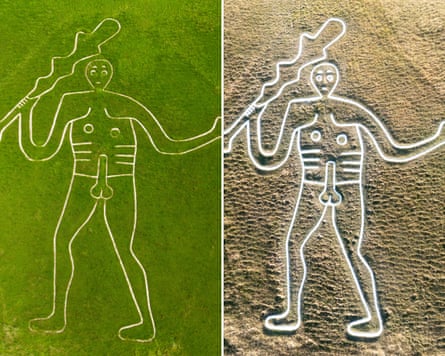 Comparison aerial photo showing the chalk drawing within green grass in 2023 and within very dry yellowing grass in 2026