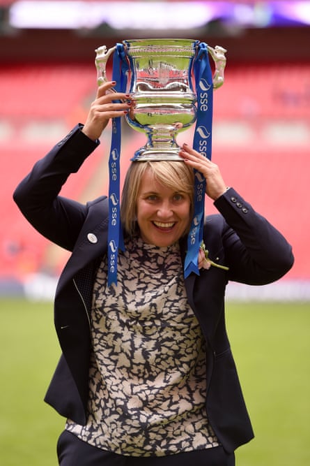 Chelsea manager Emma Hayes celebrates with the trophy at Wembley Stadium after her side beat Notts County 1-0 to win the 2015 women’s FA Cup final.