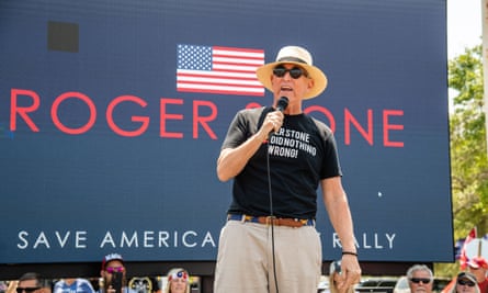 Roger Stone at the Save America Patriot Rally in Florida in April.