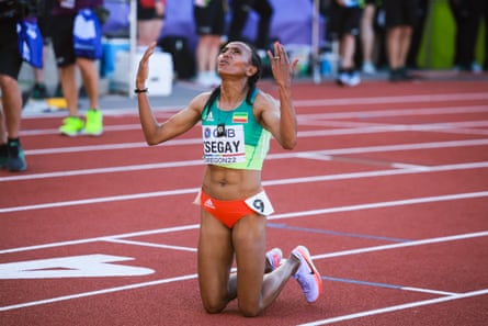 Ethiopia’s Gudaf Tsegay after winning the women's 5,000m final.