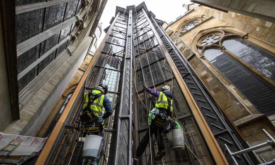 Window cleaners at work on Ptolemy Dean’s new tower giving access to the triforium above Westminster Abbey’s nave.