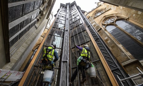Window cleaners at work on Ptolemy Dean’s new tower giving access to the triforium above Westminster Abbey’s nave.
