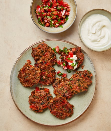 Yotam Ottolenghi’s tomato and bulgur fritters with yoghurt and tomato salsa.