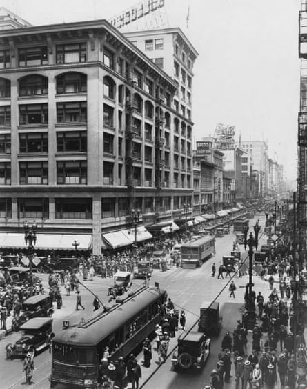A streetcar on Broadway, LA in 1930.