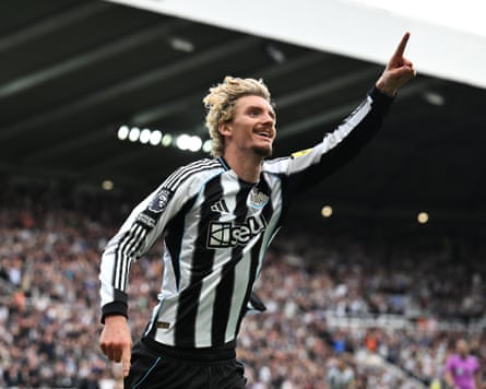 Nick Woltemade celebrates after scoring on his Newcastle debut against Wolves