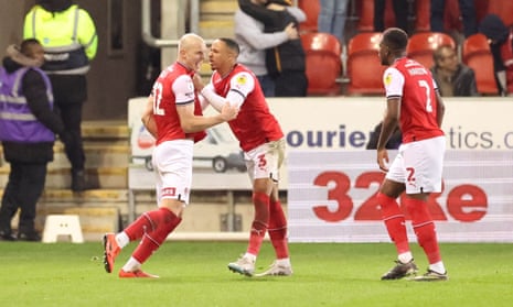 Georgie Kelly (left) gets the congratulations after scoring Rotherham’s equaliser.
