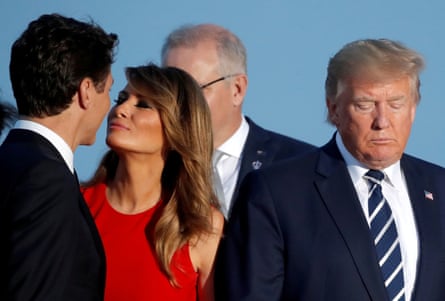 Melania Trump kisses Canada’s prime minister, Justin Trudeau, at the G7 summit in Biarritz last August.