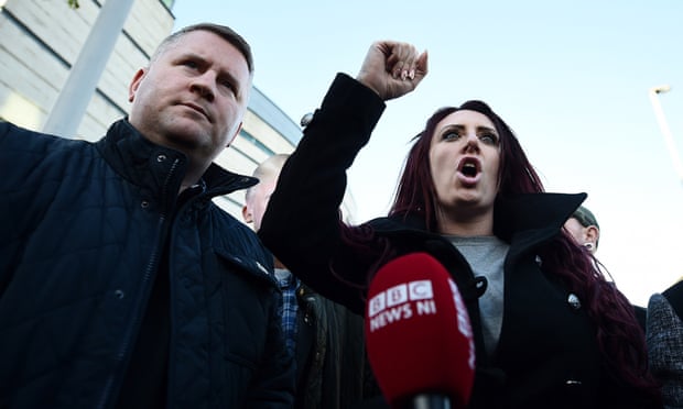 Paul Golding and Jayda Fransen outside Belfast Laganside courts after Fransen was released on bail