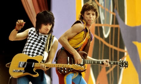 Ron Wood, left, and Mick Jagger of the Rolling Stones, performing in 1982.