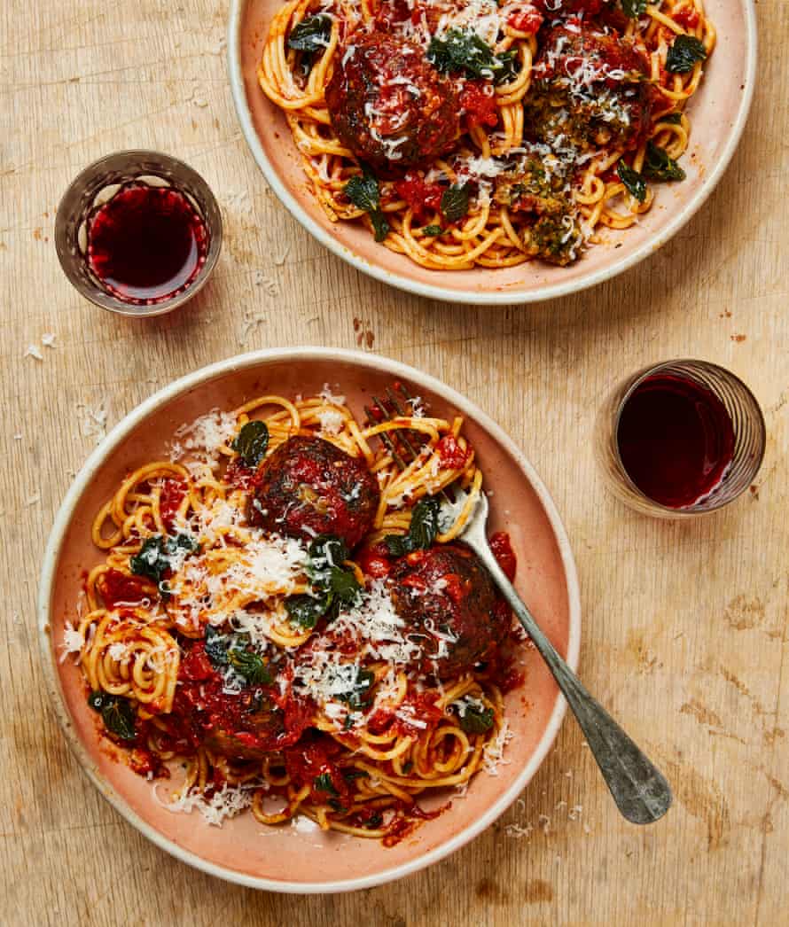 Yotam Ottolenghi’s mushroom meatballs with spaghetti and crispy oregano.