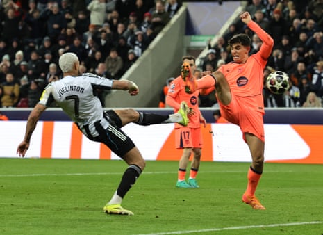 Newcastle United’s Joelinton scores a goal before being ruled out for offside.