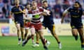 Luke Thompson powers his way to Wigan’s first try in their victory against Catalans Dragons.