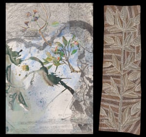 Dhangi, a detail from ‘Distant glimpses of the great floodplain seen through a veil of trees and hanging vines’ 2017 by John Wolseley. Dhangi, 2014 Dhuwa molety by Mulkun Wirrpanda, Dhugi-Djapu clan, earth pigments on stringybark.