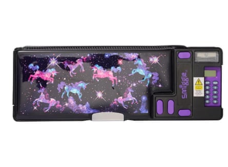 Smiggle Wonder World Pop Out Pencil Case. The pencil case is oblong and black. It has a cosmic design with stars and unicors. It has 4 purple buttons, a built in pencil sharpner and a small purple calculator in its own compartment.