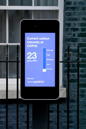 A display outside No 10 Downing Street shows the C02 emissions intensity of the Cop26 summit on Wednesday.