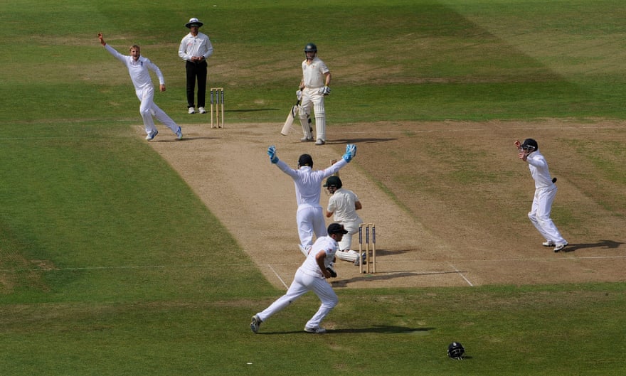 Ed Cowan is caught by Jonathan Trott as he pulls away from the bowling of Joe Root during an Ashes Test in 2013.