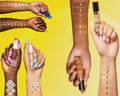 Multiple forearms show rows of concealer swatches in various shades, with hands holding concealer bottles