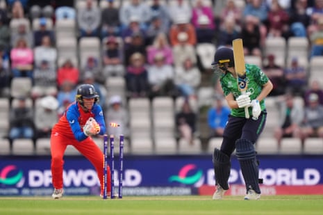 Ireland's Rebecca Stokell is stumped by England's wicketkeeper Amy Jones.