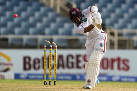Shai Hope is bowled by Scott Boland at Sabina Park