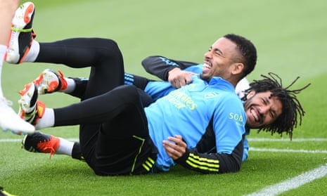 Gabriel Jesus and Mohamed Elneny during Arsenal training on Friday.