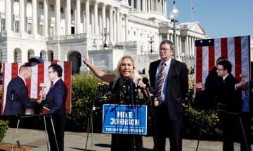 Marjorie Taylor Greene speaks at a news conference alongside Thomas Massie at the US Capitol Building on 1 May.