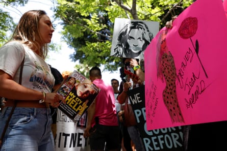 Britney Spears fans protest in support of the pop star on the day of a conservatorship case hearing at Stanley Mosk courthouse.
