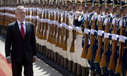 James Mattis reviews a Chinese honour guard during a welcome ceremony at the Bayi Building in Beijing on Wednesday.