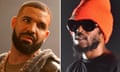 Picture of Drake, in with a close-cropped beard and soft-lined hoody, next to one of Kendrick Lamar with a more scraggly beard, sunglasses and knitted hat