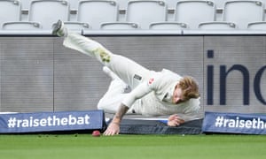 Ben Stokes fields the ball on the boundary off his own bowling during day five of the second Test against West Indies
