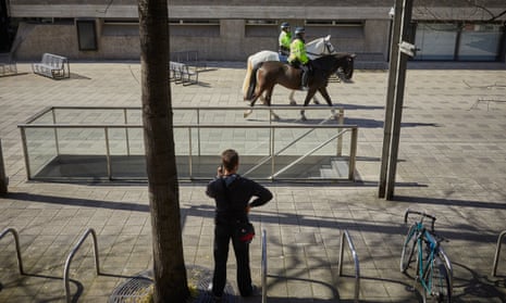 Mounted police on London’s South Bank – an area usually thronged with people.