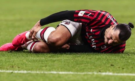 Zlatan Ibrahimovic after being tackled during the Coppa Italia semi-final against Juventus in February. Milan say he reported an injury to his soleus muscle in training.