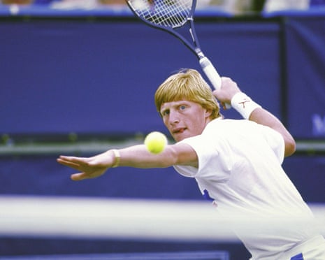 Boris Becker at Hyatt Grand Champions Stadium, Indian Wells, California, in 1987, in a still fromBoom! Boom! The World vs. Boris Becker.