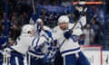 Toronto Maple Leafs center John Tavares (91) celebrates his game-winning goal against the Tampa Bay Lightning during overtime on Saturday night.