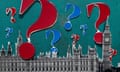 Question mark illustration over houses of parliament.