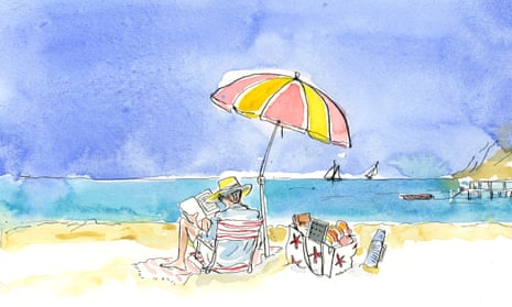 Illustration of person on beach reading under umbrella