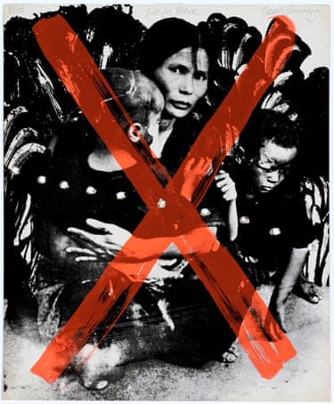 a drawing of an “X”over a women and young boys