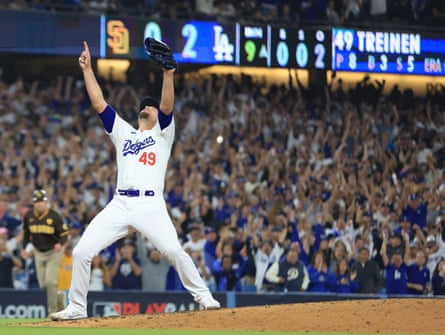 Blake Treinen of the Los Angeles Dodgers celebrates after the final out on Friday night.
