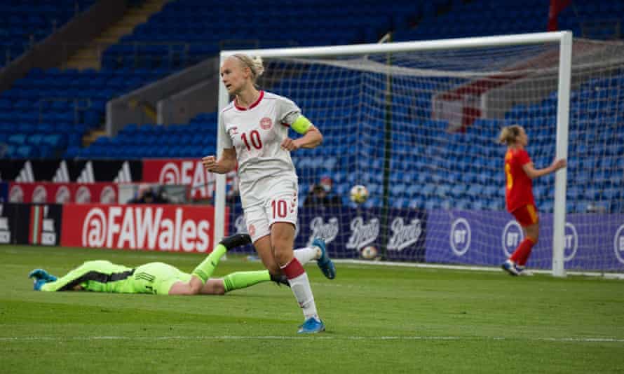 Pernille Harder finds the net during a win against Wales.