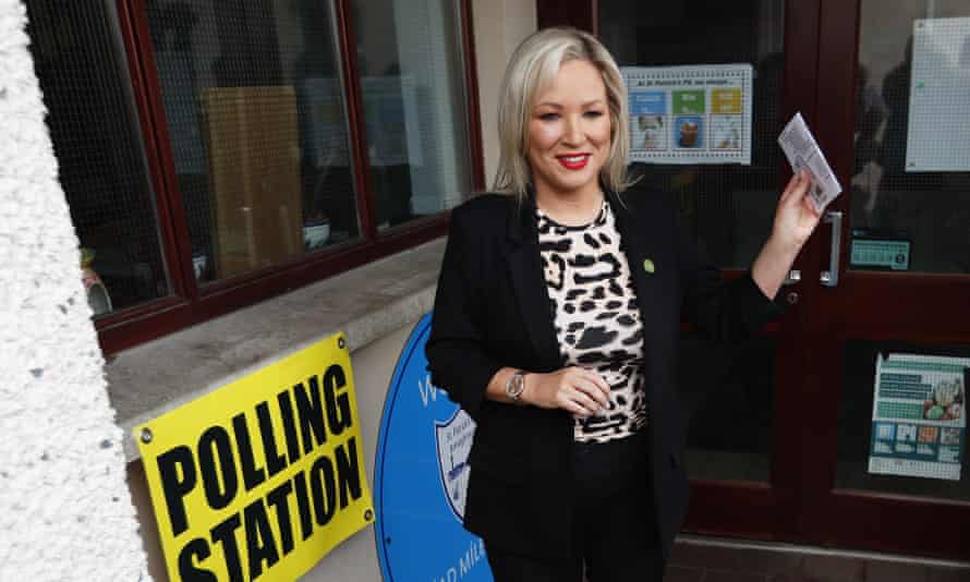 Michelle O’Neill, Sinn Fein leader in Northern Ireland, leaves a polling station after casting her vote in Clonoe, Northern Ireland.