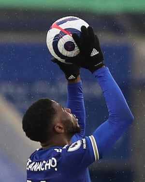 Kelechi Iheanacho celebrates with the match ball at the end of the match.