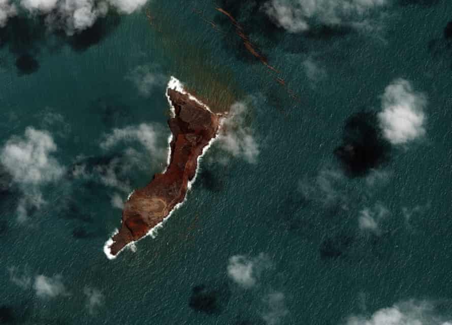 This satellite image provided by Maxar Technologies shows a view of the Hunga Tonga volcano Hunga Ha'apai in Tonga on Tuesday, January 18, 2022.