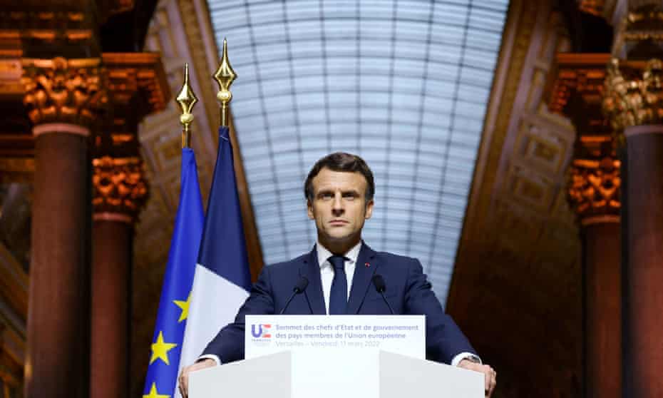 President Emmanuel Macron holds a press conference following an EU leaders summit to discuss Russia's invasion in Ukraine, at the Palace of Versailles on 11 March.