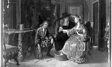 Black and white photo of a painting. A richly dressed late 17th early 18thC lady sits in a chair with one foot in a water bath. A physician, in black with broadbrimmed black hat looks at her and gently holds her arm. At her feet crouches the surgeon, smartly dressed in gilt and buttoned jacket, with a wig. He is holding what looks like bandages.