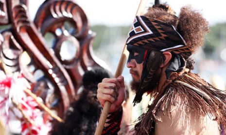 Māori perform a haka in Waitangi, New Zealand.